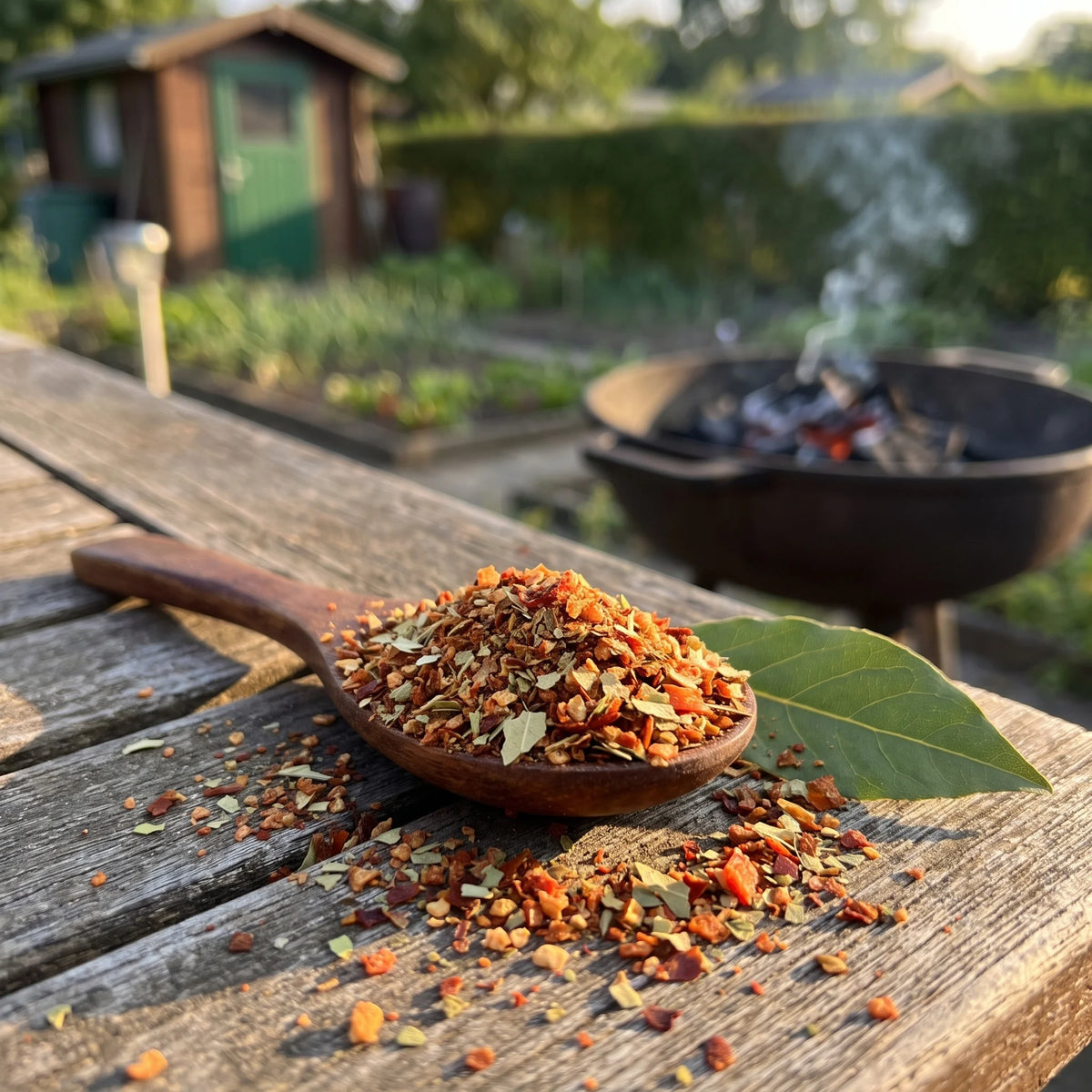 Männerspielzeug Gewürzmischung von Genusspower auf einem Gartentisch, Nahaufnahme