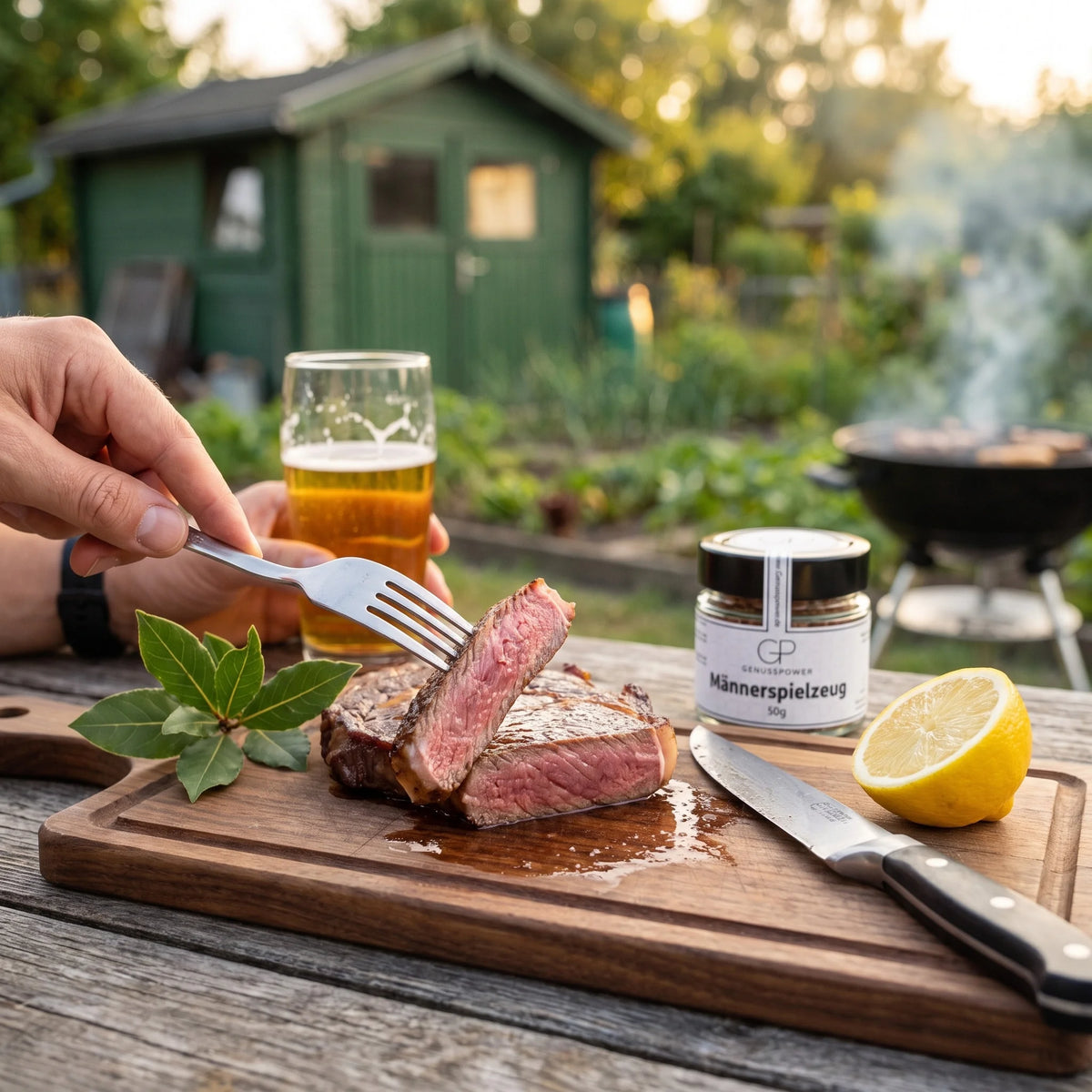 Eine Gabel nimmt eine Scheibe Rib Eye, dazu ein Bier, im Hintergrund Männerspielzeug von Genusspower