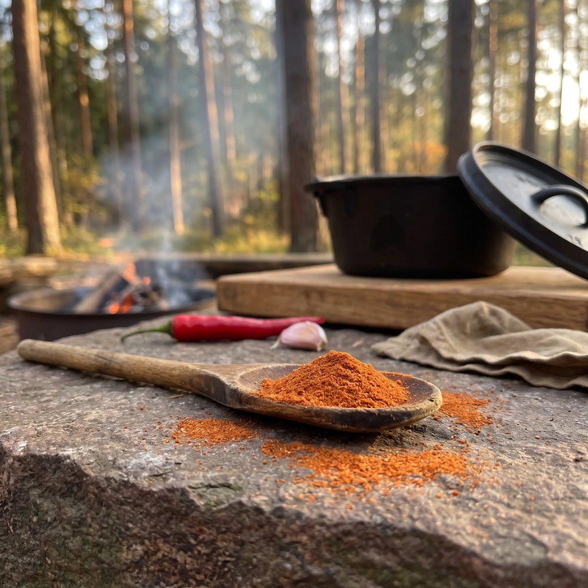 Smoky Dutch Oven Gewürzmischung von Genusspower auf einem Stein, Nahaufnahme