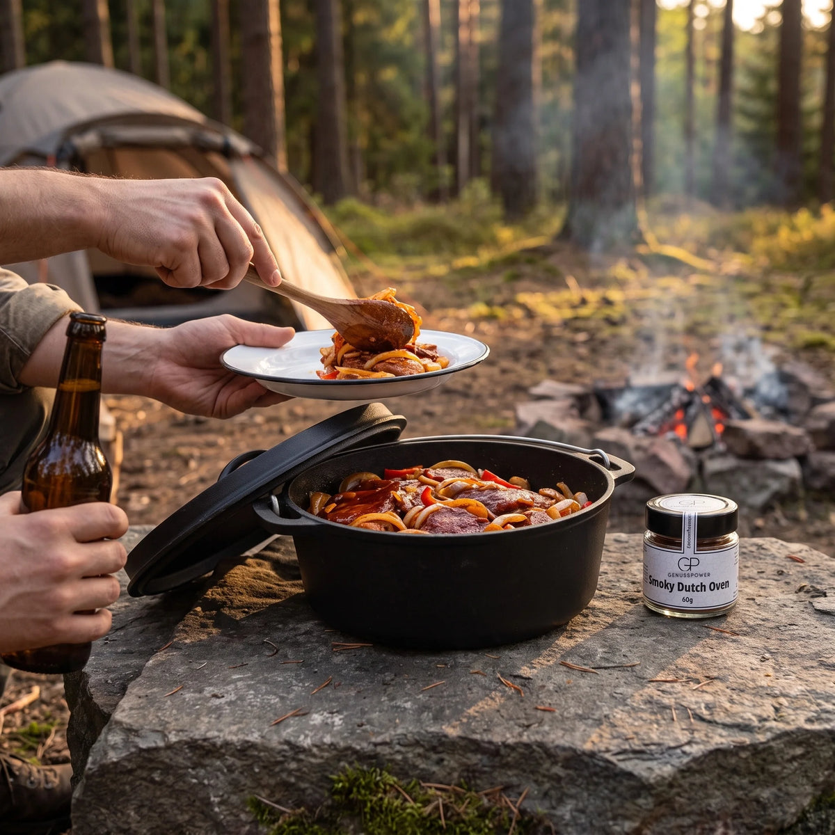 Eine Hand schöpft Schichtfleisch auf einen Campingteller, im Hintergrund Smoky Dutch Oven von Genusspower