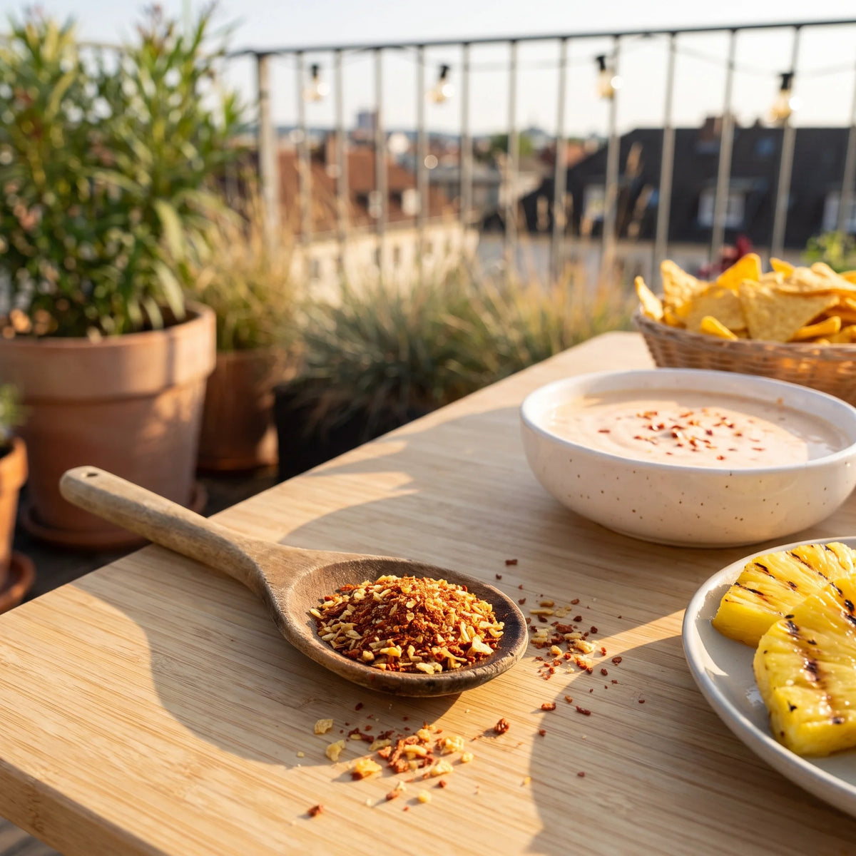 Spicy Waikiki-Dip Gewürzmischung von Genusspower auf einem Holztisch, Nahaufnahme