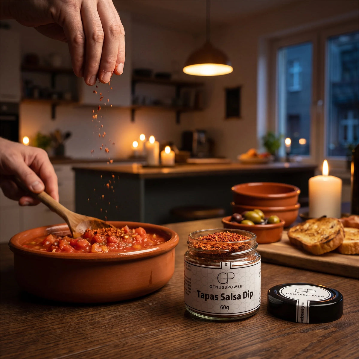 Eine Hand würzt Tomatensalsa in einer Tonschale mit Tapas Salsa Dip von Genusspower