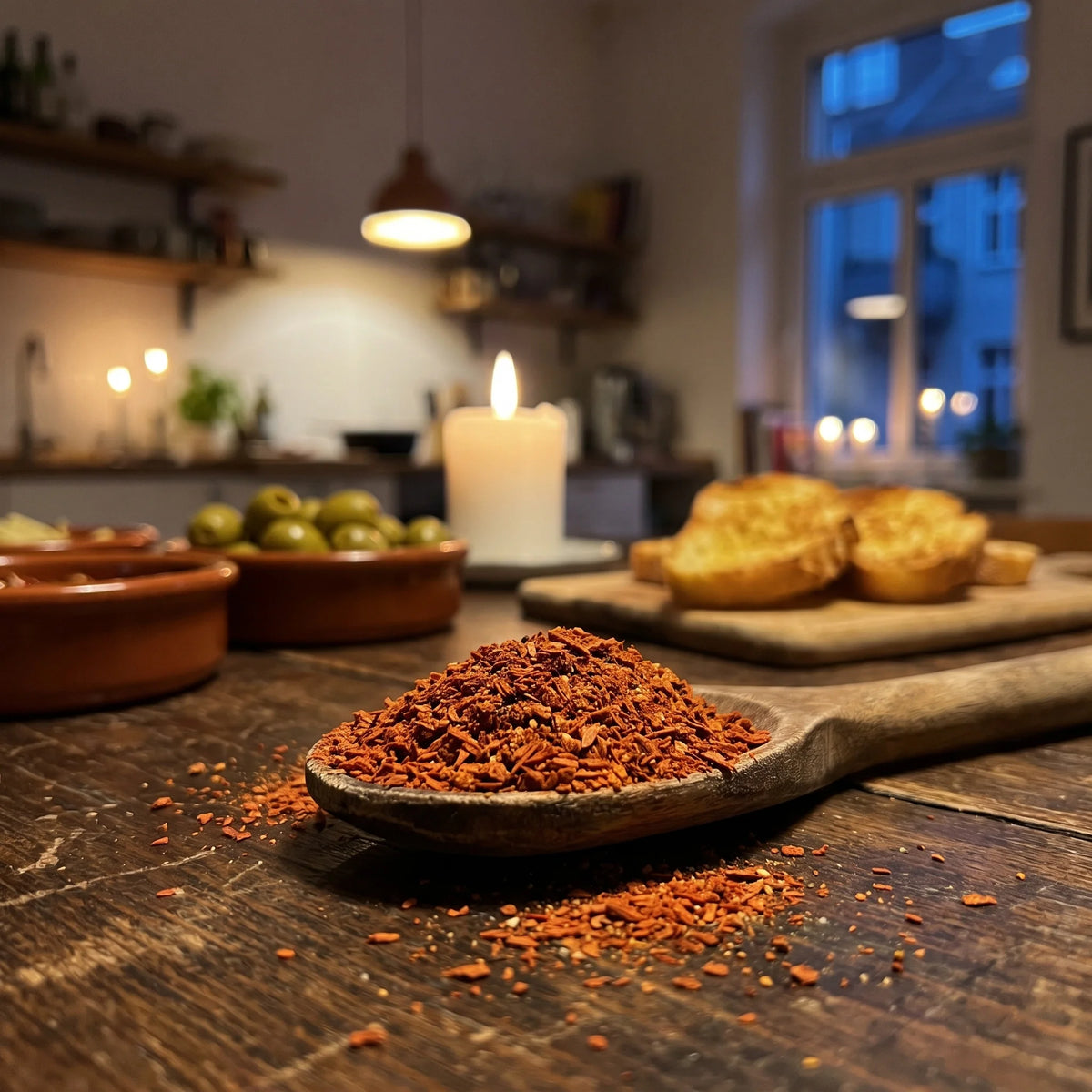 Tapas Salsa Dip Gewürzmischung von Genusspower auf einem Holztisch bei Kerzenlicht, Nahaufnahme