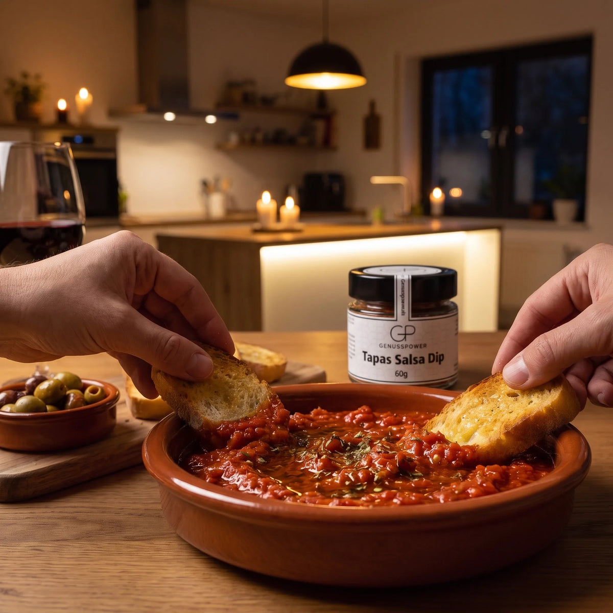 Hände tunken Röstbrot in Salsa, dazu Rotwein, im Hintergrund Tapas Salsa Dip von Genusspower