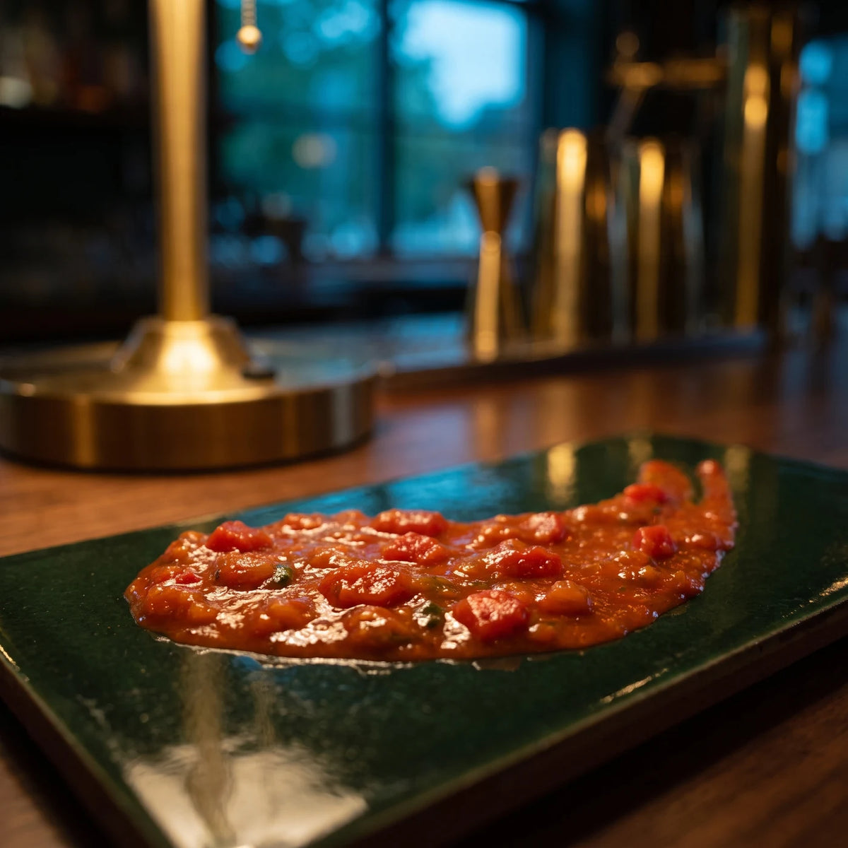 Ein Schwung stückiger Tomaten-Paprika-Sauce auf einer flaschengrünen Fliese