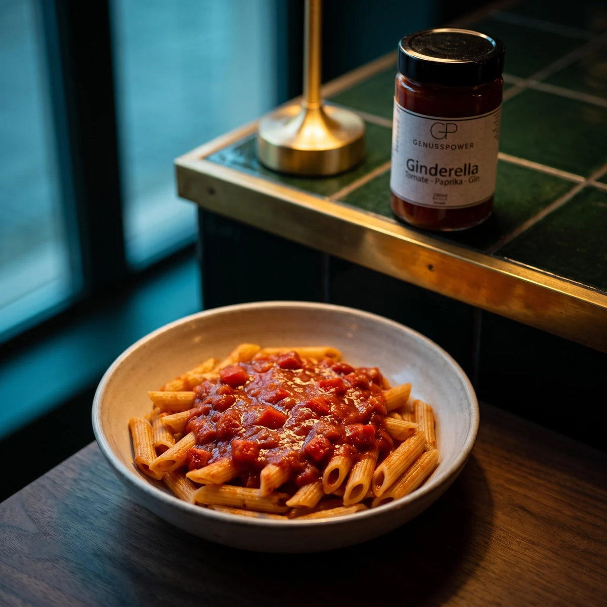 Penne mit der Sauce in einer weißen Schale, dahinter unscharf das Glas Ginderella