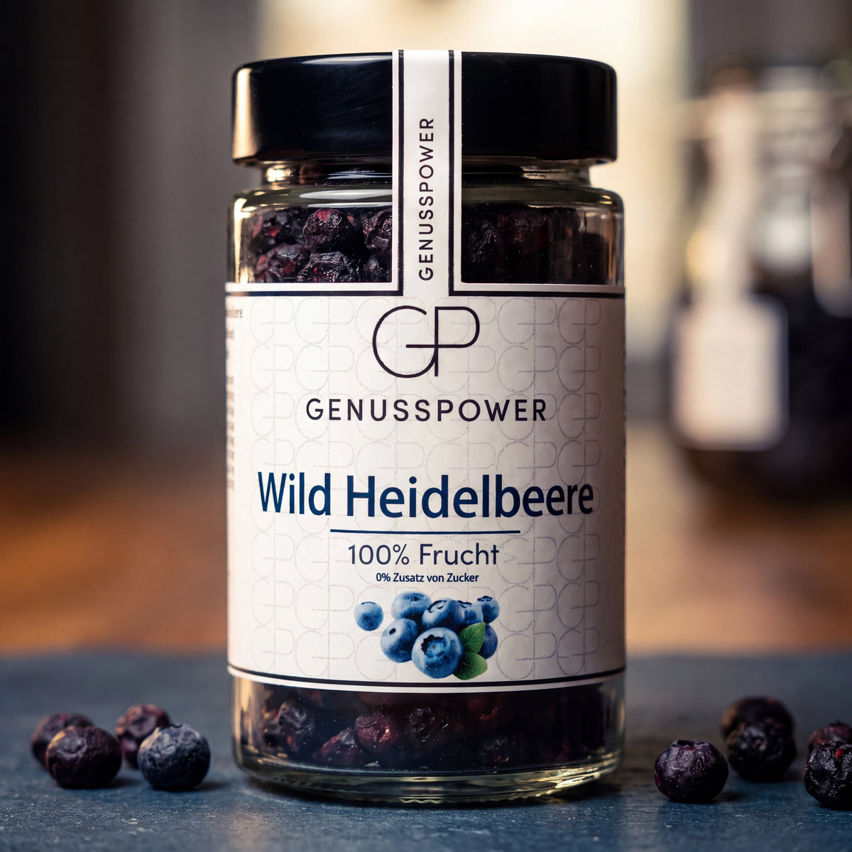 Kleines Glas gefriergetrocknete Wild-Heidelbeeren von Genusspower