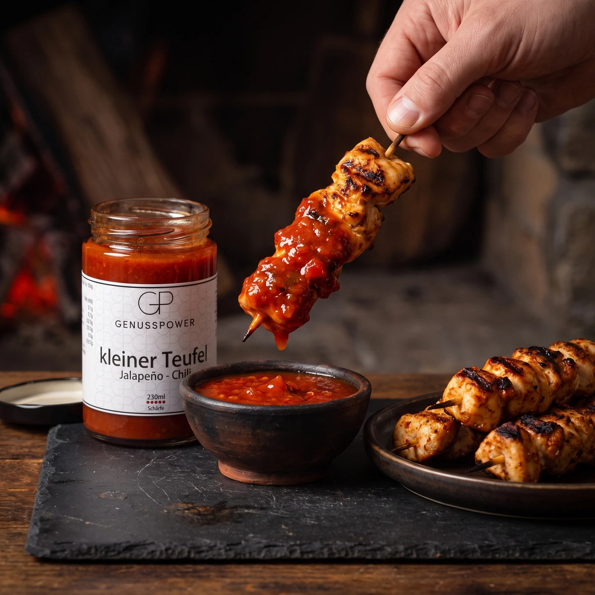 Eine Hand hebt einen gegrillten Hähnchenspieß voller Sauce aus einer Tonschale, daneben das offene Glas kleiner Teufel
