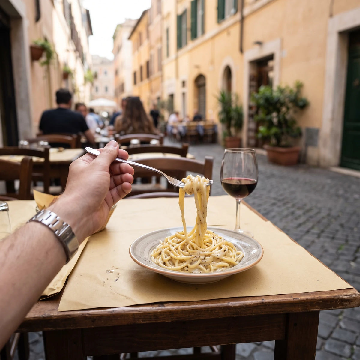 Gabel dreht Cacio e Pepe in einer Trattoria in Rom, daneben ein Glas Rotwein