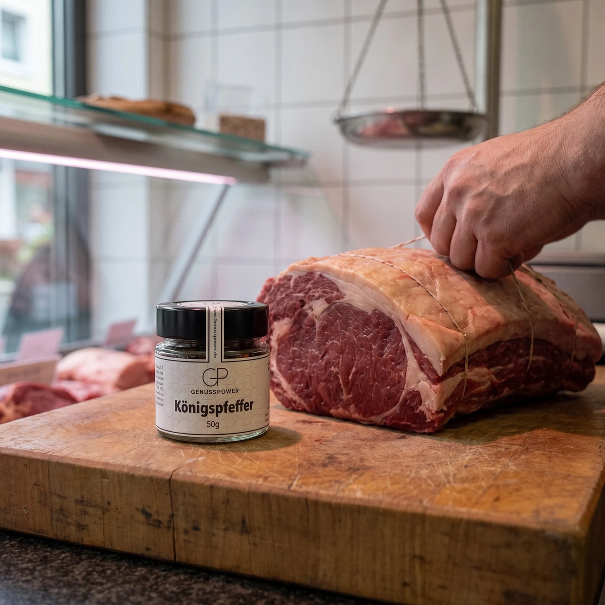 Glas Königspfeffer von Genusspower auf dem Hackblock einer Metzgerei neben einem gebundenen Rinderbraten