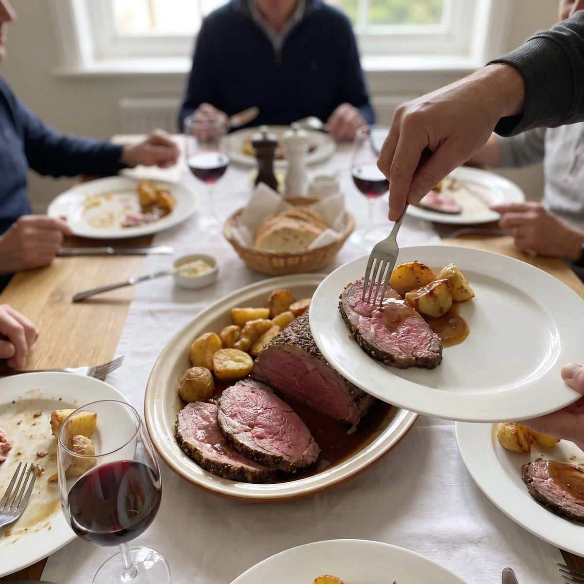 Roastbeef mit Pfefferkruste und Bratkartoffeln wird am Sonntagstisch serviert