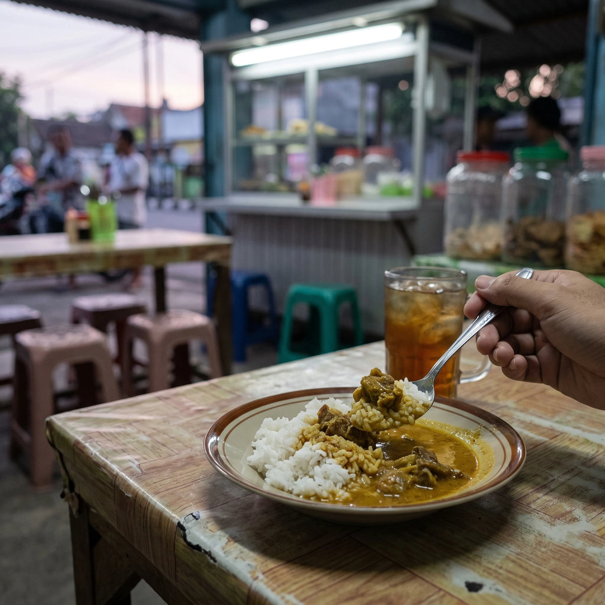 Löffel mit Reis und Ziegencurry in einem Warung am Abend, daneben ein Glas Eistee