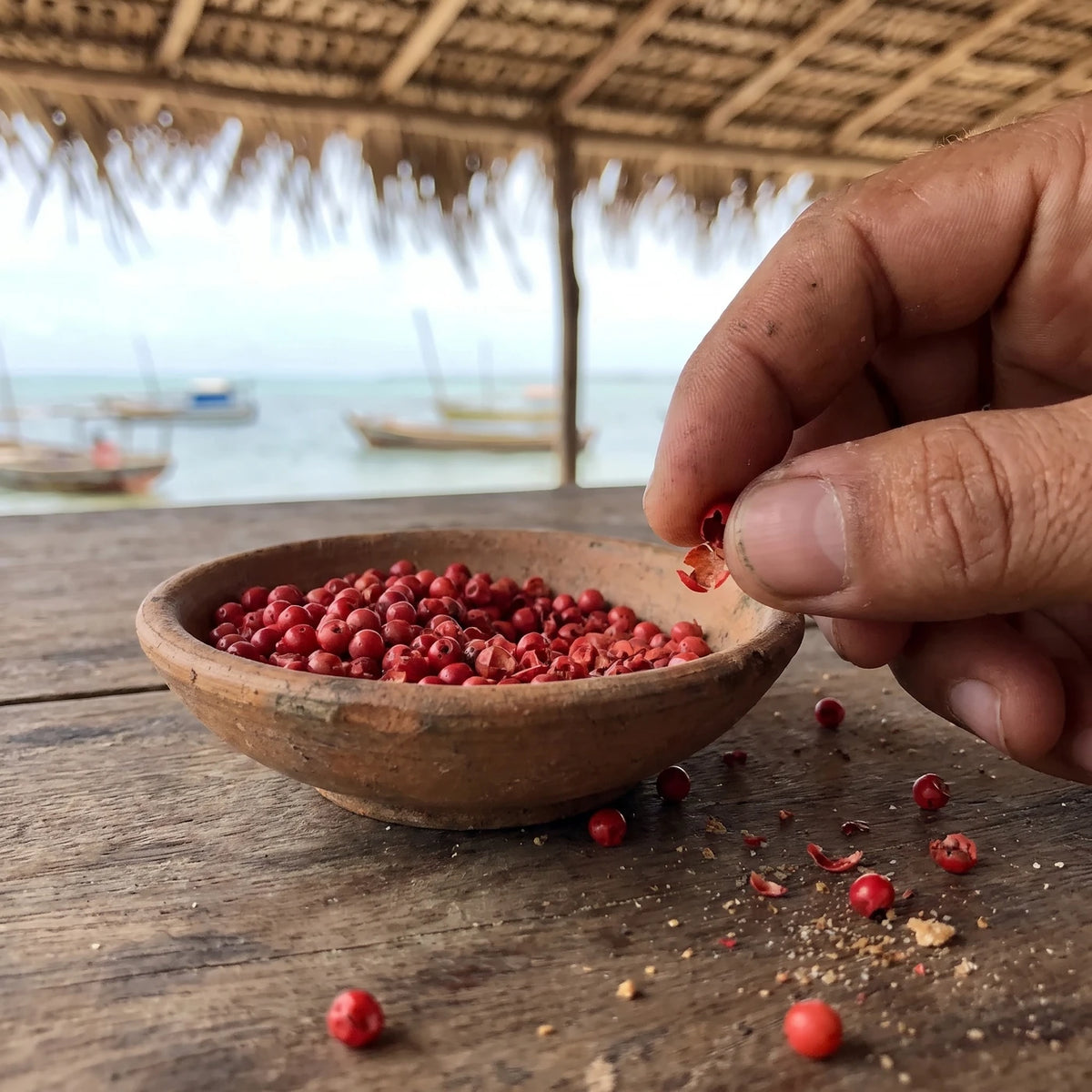 Tonschale mit rosa Beeren auf einem Holztisch am Strand, eine Beere wird zwischen den Fingern zerdrückt