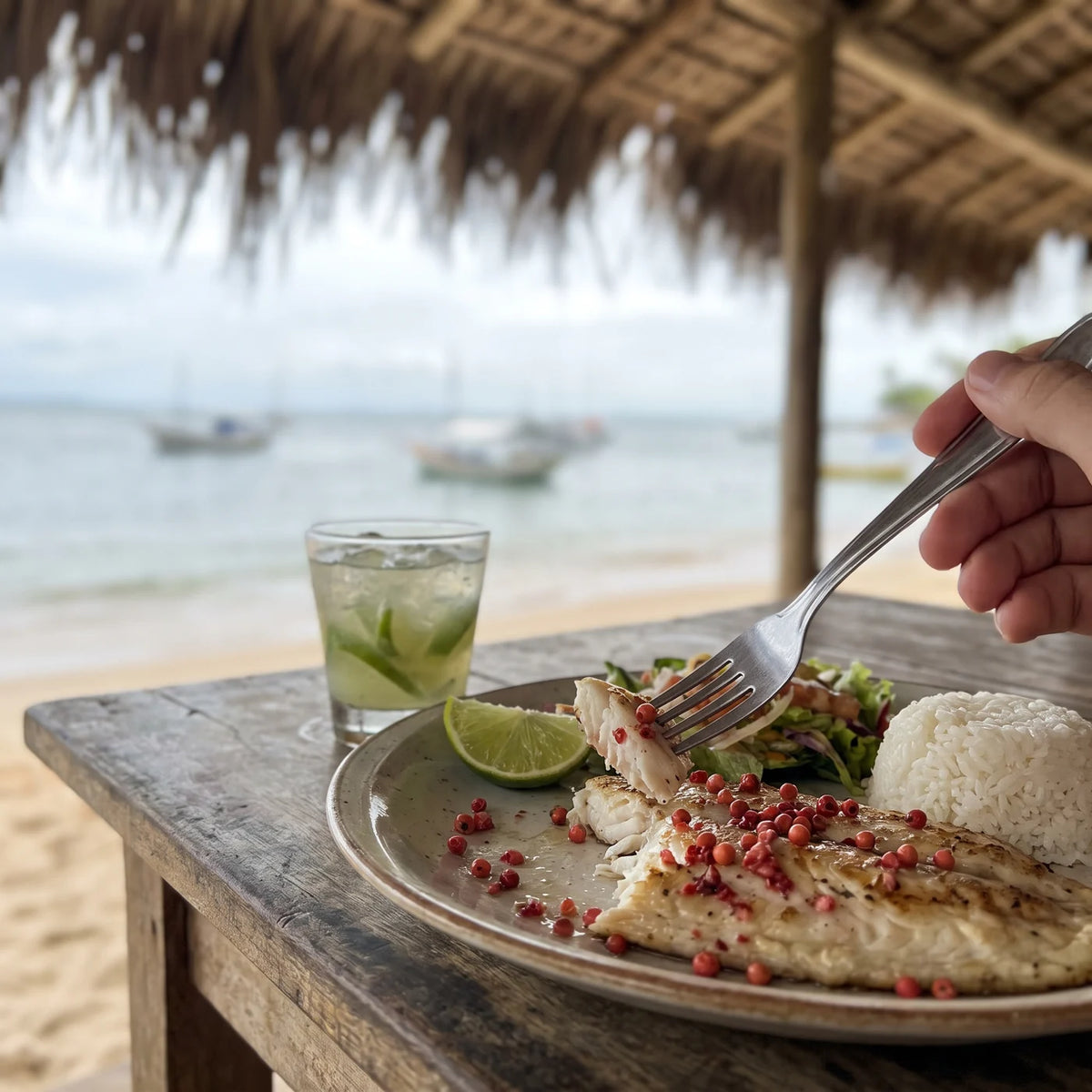 Gegrillter Fisch mit rosa Beeren, Limette und Reis, daneben ein Caipirinha am Strand
