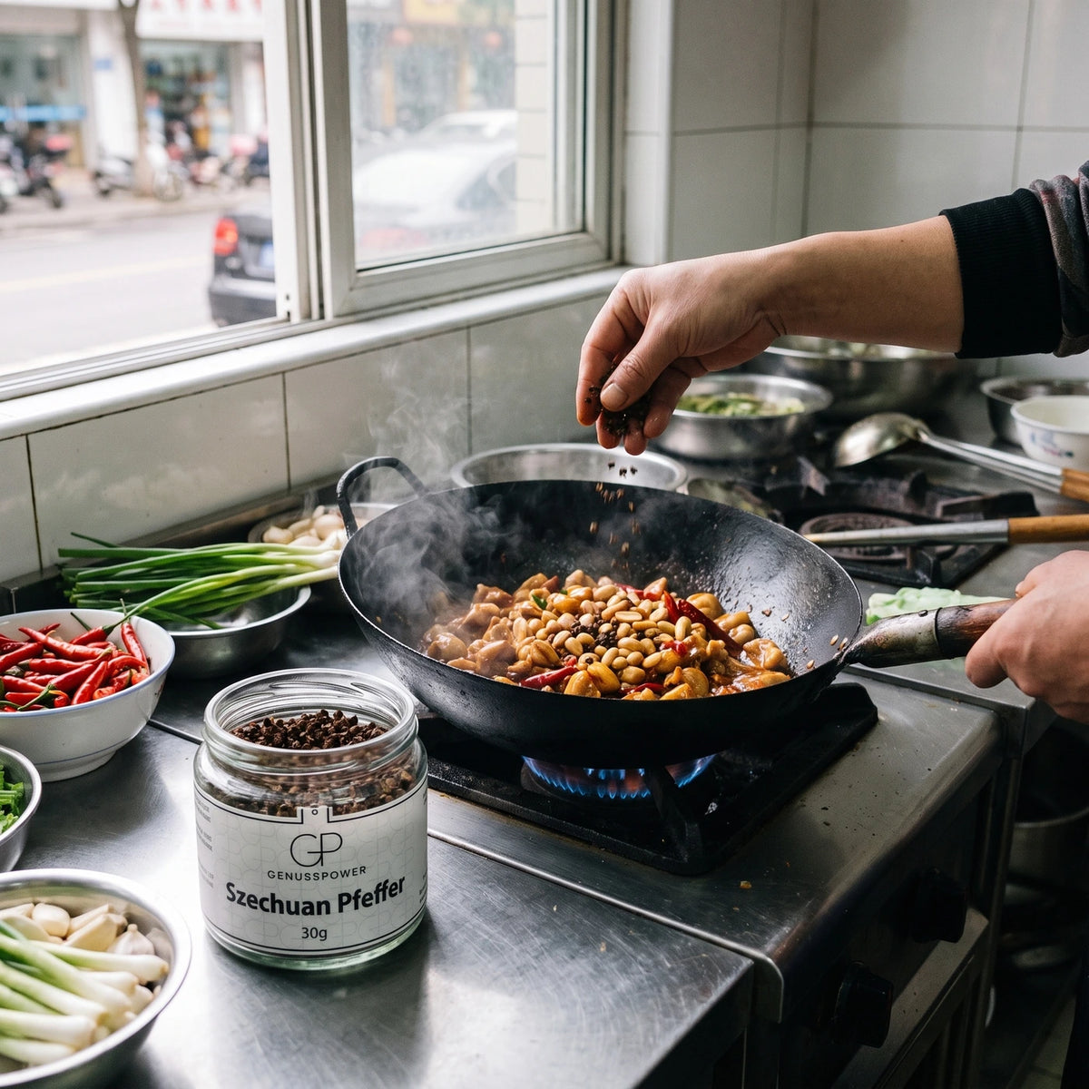 Hand gibt eine Prise Szechuan Pfeffer in Kung Pao Hähnchen im Wok, daneben das Glas