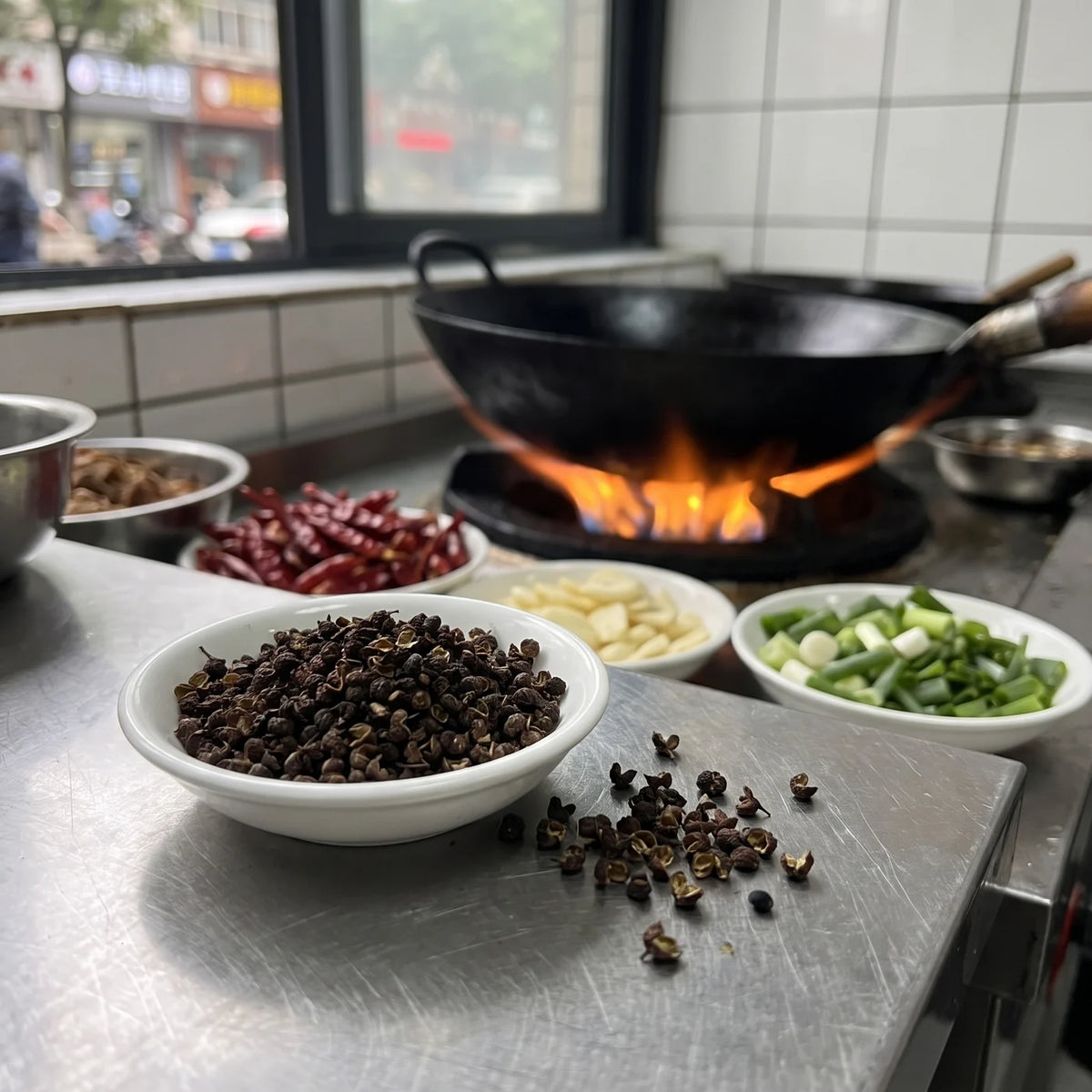 Weißes Schälchen mit dunklen Szechuan Pfefferhülsen an der Kochstation, daneben Chili und Knoblauch