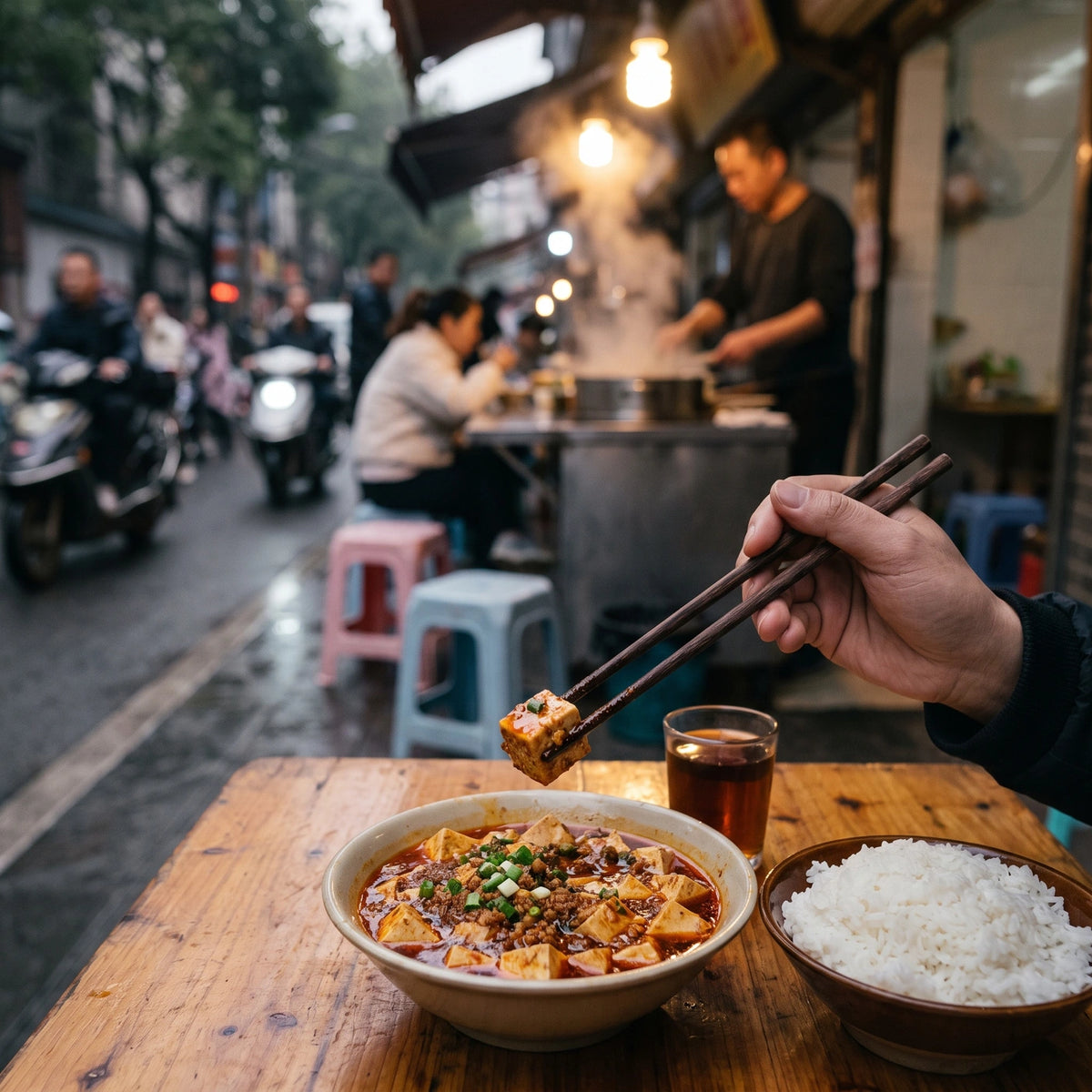 Stäbchen heben ein Stück Tofu aus Mapo Tofu in einem Straßenlokal in Chengdu