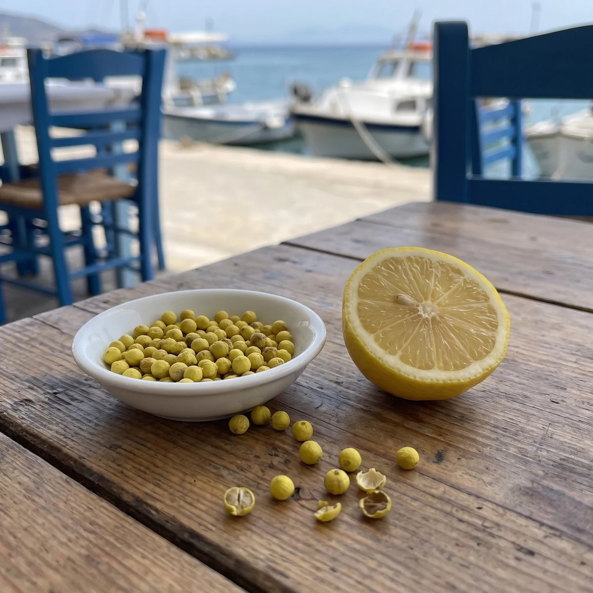 Weißes Schälchen mit gelbgrünem Zitronenpfeffer auf einem Tavernentisch am Hafen, daneben eine halbe Zitrone