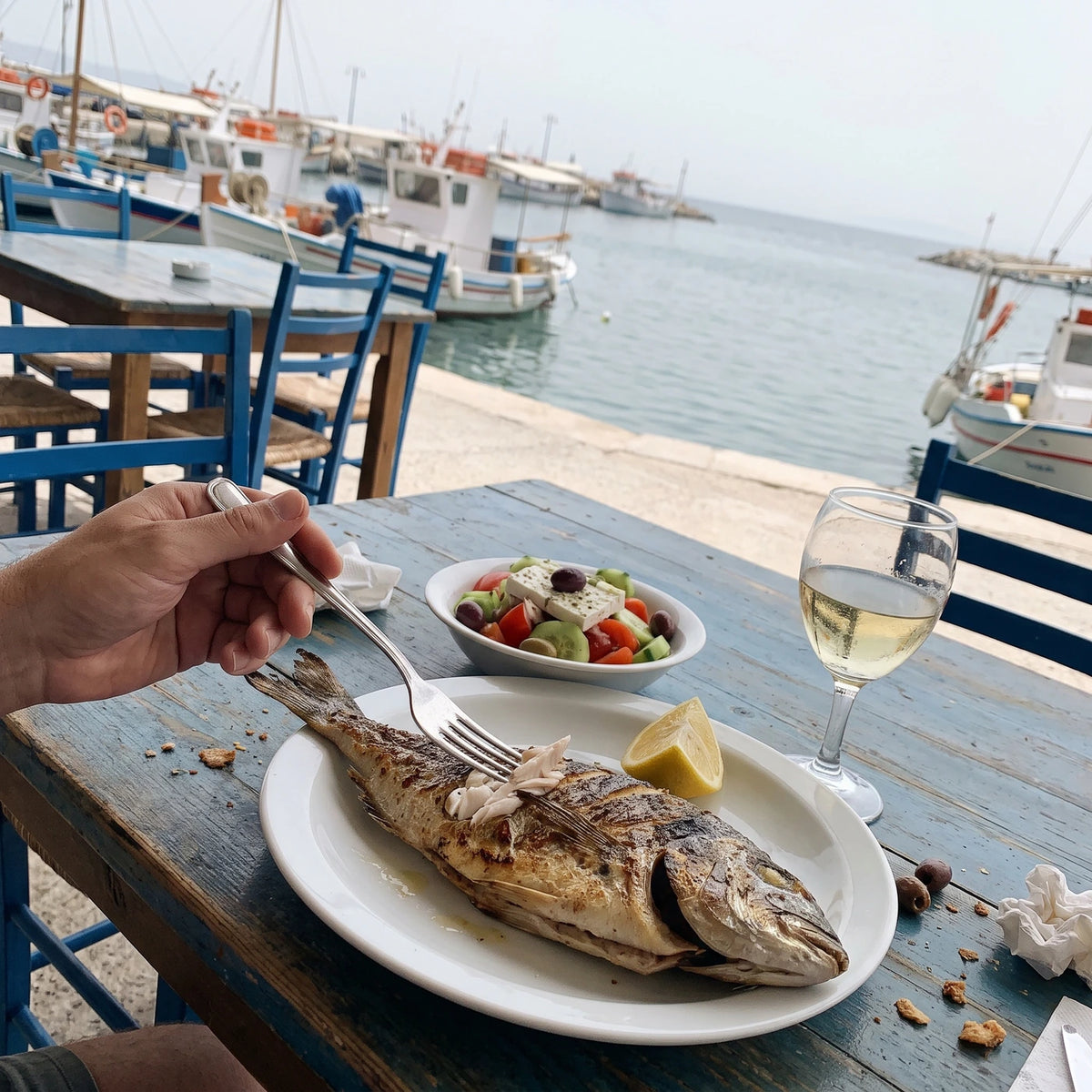 Gegrillte Dorade mit Zitrone und griechischem Salat in einer Taverne am Hafen