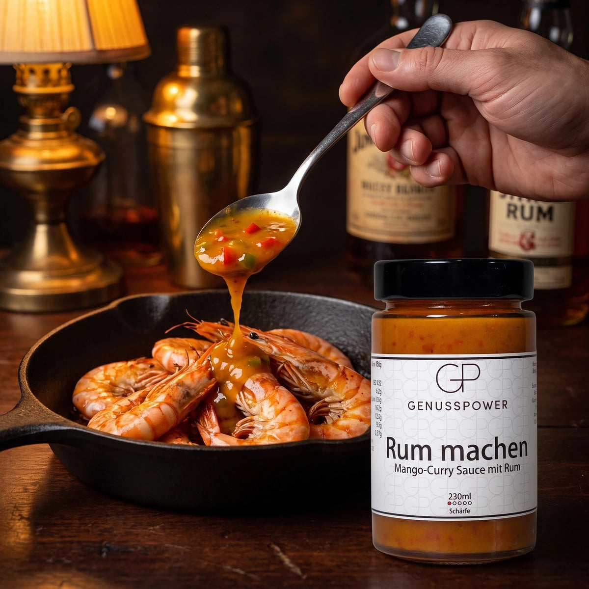 Ein Löffel gibt die orange Sauce über Garnelen in einer Gusseisenpfanne, daneben das Glas Rum machen