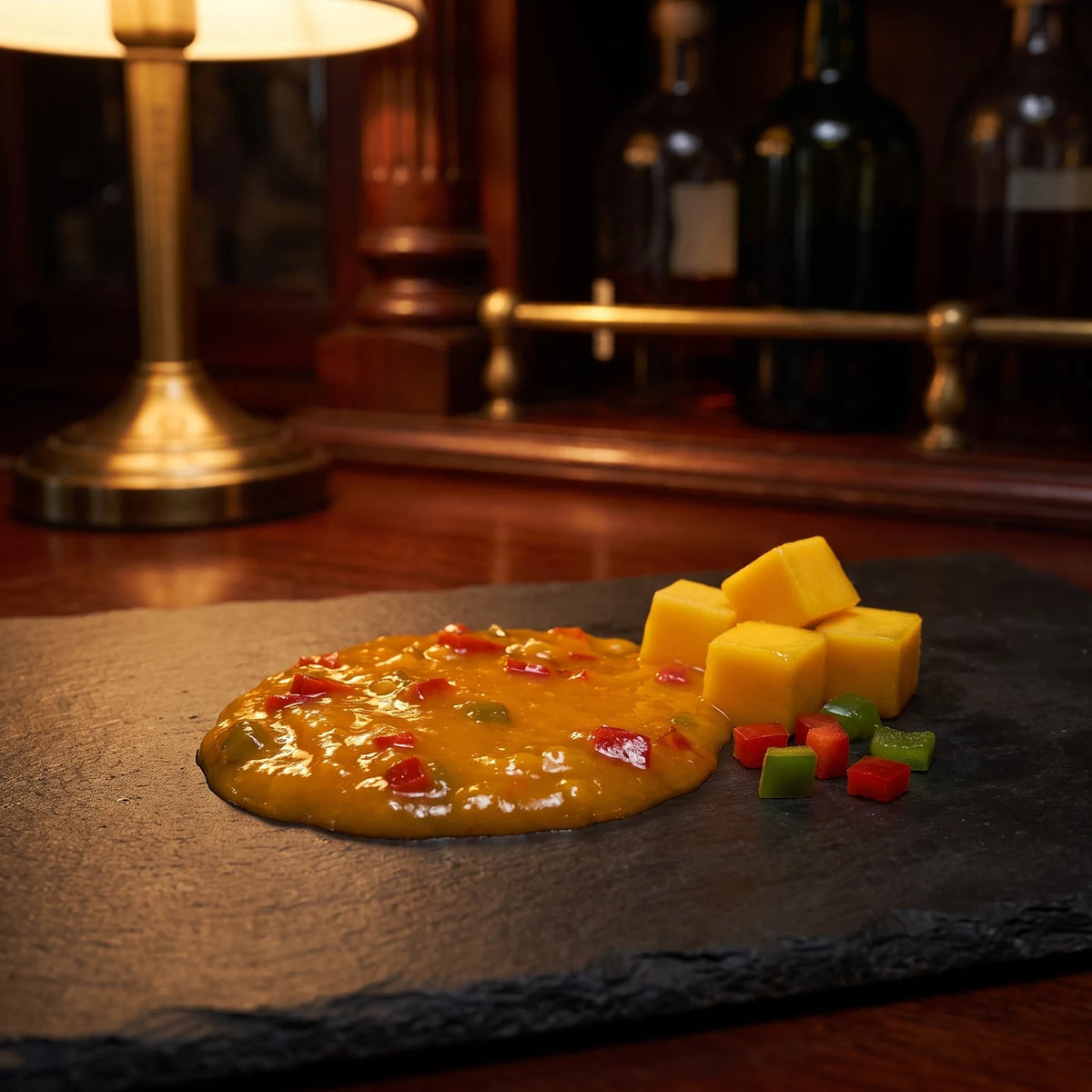 Glänzende Mango-Curry-Sauce auf Schiefer, daneben Mangowürfel und gewürfelte Paprika