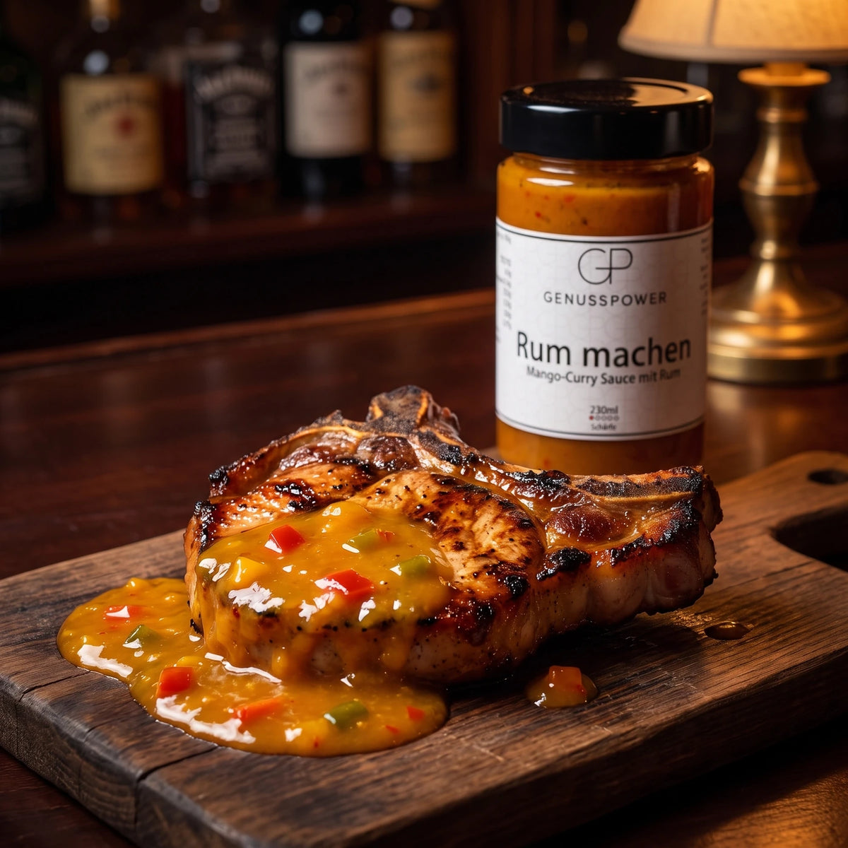 Gegrilltes Kotelett mit der Sauce auf einem Holzbrett, dahinter unscharf das Glas Rum machen