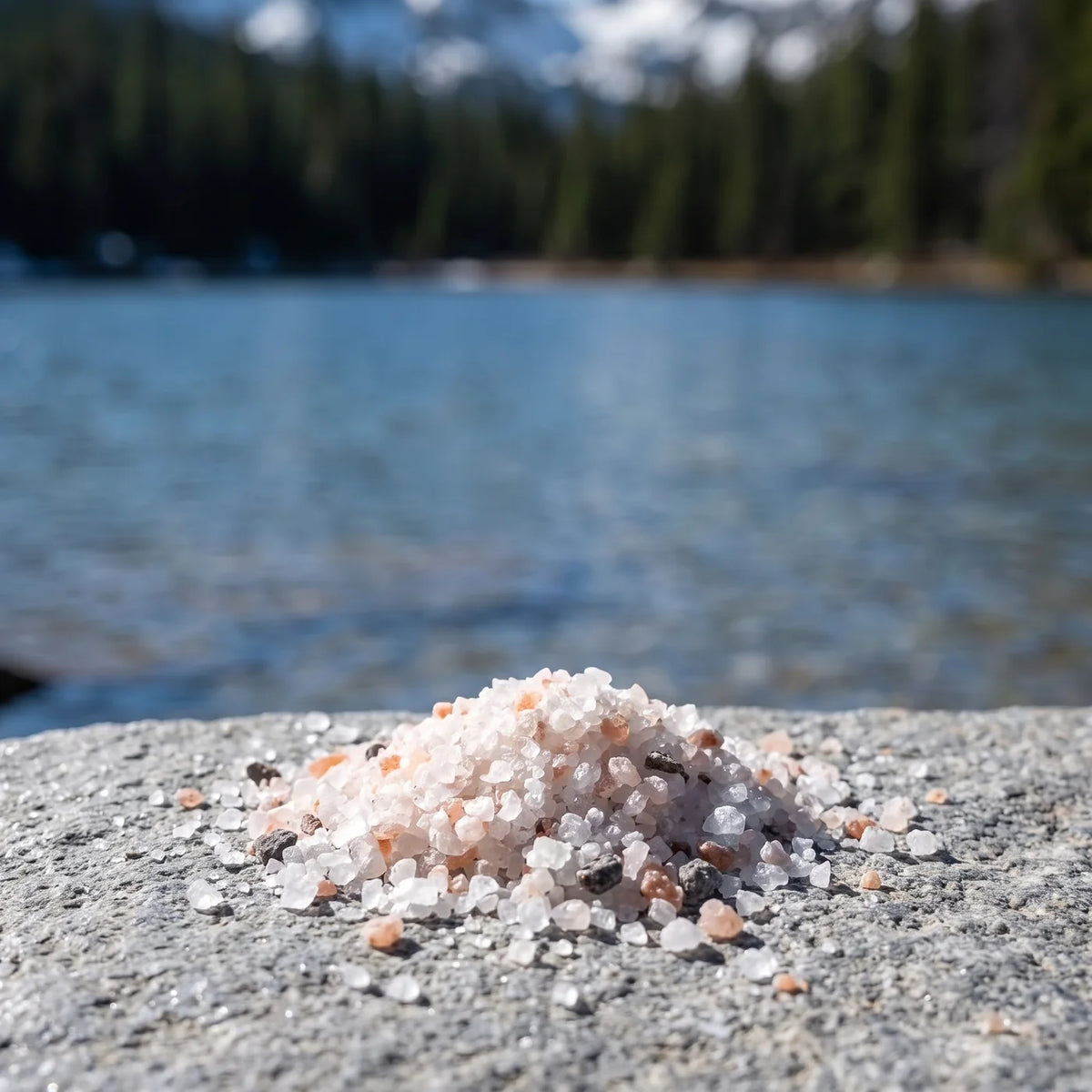 Kleiner Haufen grober klarer und weißer Salzkristalle auf einer grauen Granitplatte am Wasser