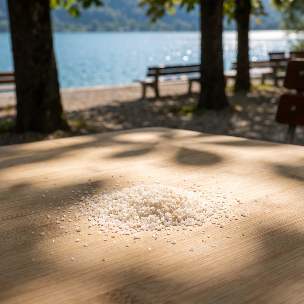 Kleiner Haufen feines helles Salz auf hellem Holz im Schatten von Kastanienblättern
