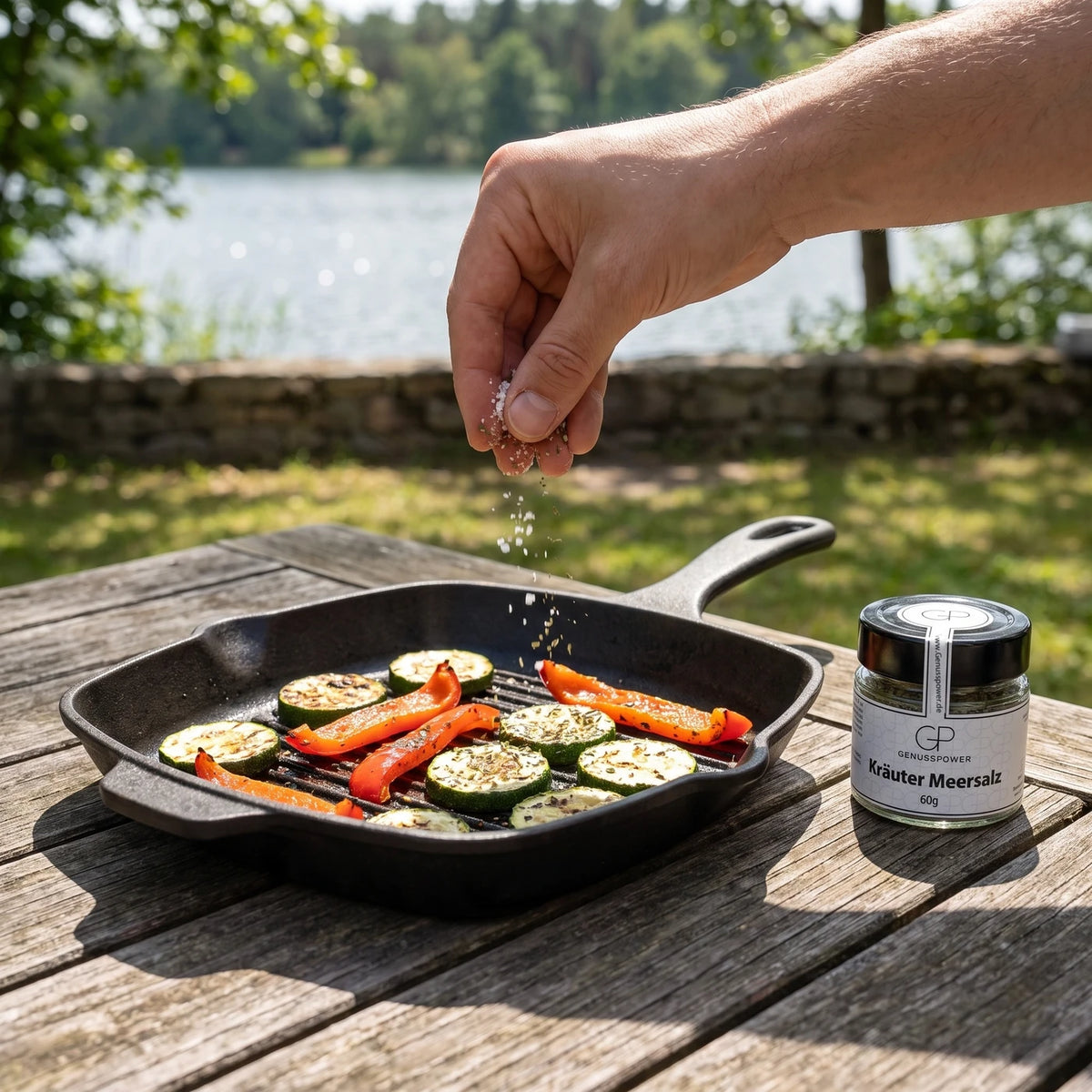 Eine Hand streut Kräuter Meersalz über gegrillte Zucchini und Paprika in einer Grillpfanne, daneben das Glas