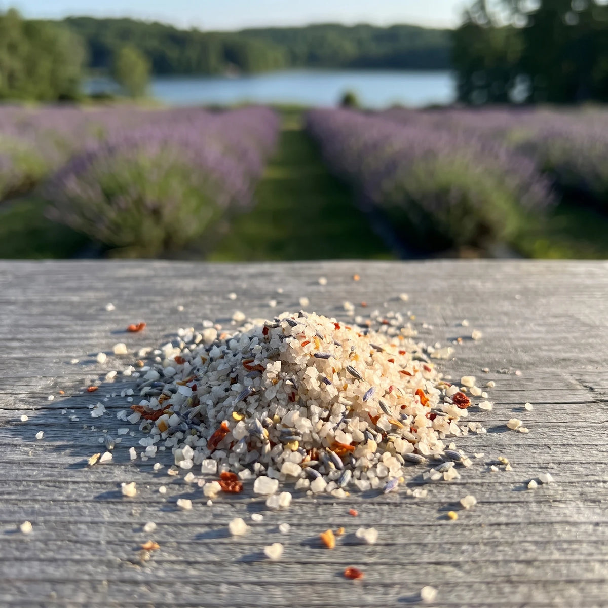 Kleiner Haufen helles Salz mit violetten Blüten auf grauem Holz, dahinter Lavendelreihen