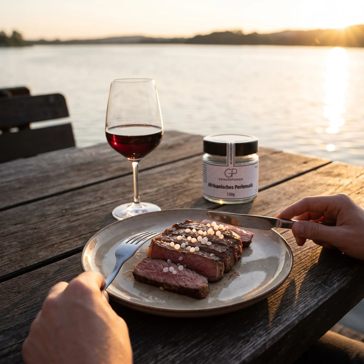 Messer und Gabel schneiden ein Steak mit Salzperlen, daneben ein Glas Rotwein, das Salzglas weich im Hintergrund