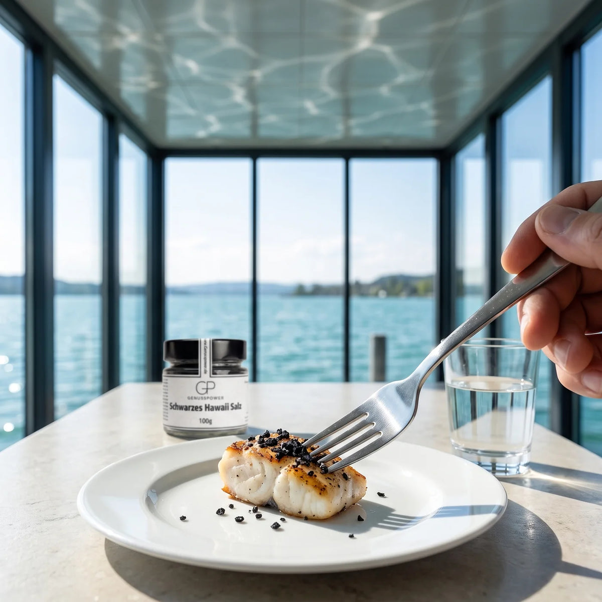 Eine Gabel hebt ein Stück Fisch mit schwarzen Salzkristallen, daneben ein Glas Wasser, das Salzglas weich im Hintergrund