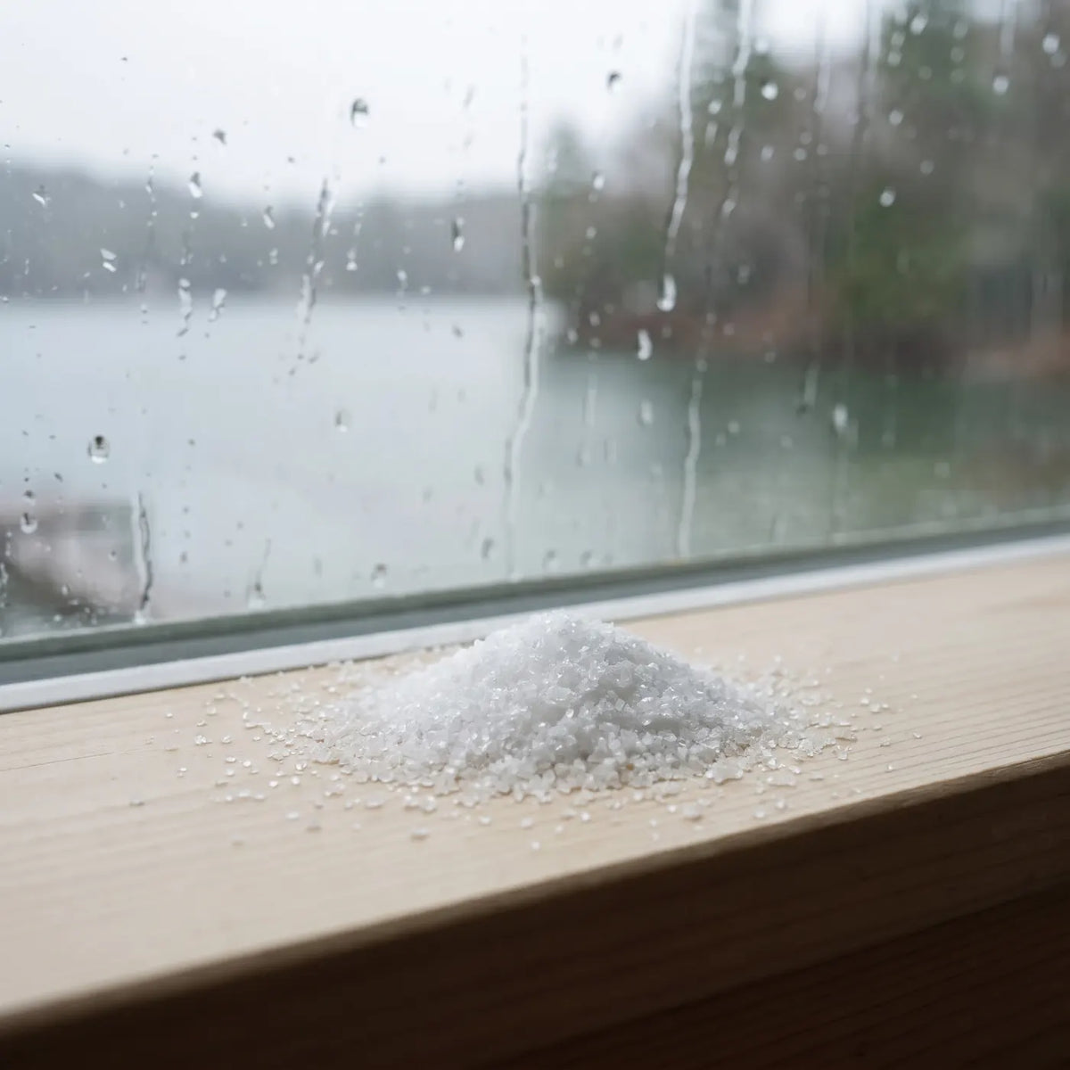 Kleiner Haufen feines weißes Meersalz auf einer hellen Fensterbank, dahinter ein Fenster mit Regentropfen