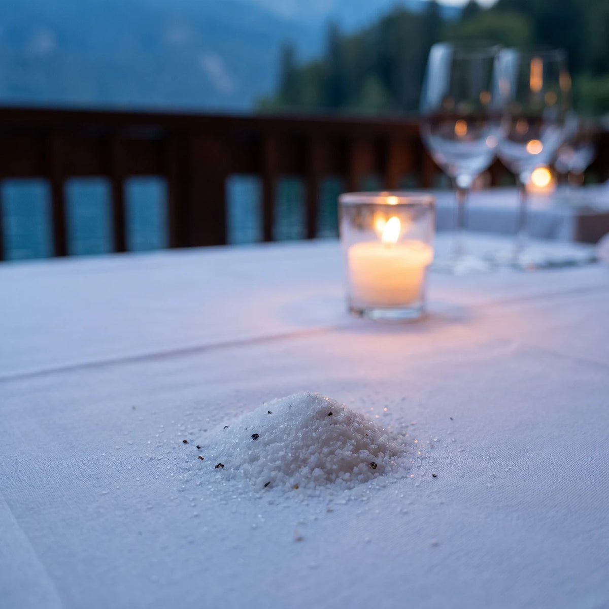 Kleiner Haufen feines helles Salz mit dunklen Stückchen auf einer weißen Tischdecke, dahinter ein Kerzenglas