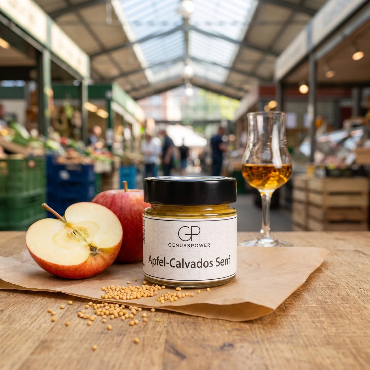 Glas Apfel-Calvados Senf von Genusspower auf der Markttheke, daneben Äpfel und ein Glas Calvados