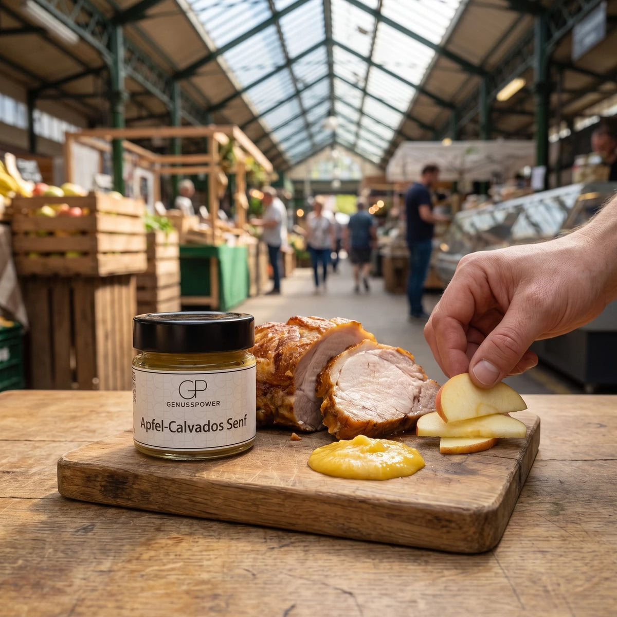 Hand legt Apfelspalten zum Schweinebraten, dahinter das Glas Apfel-Calvados Senf