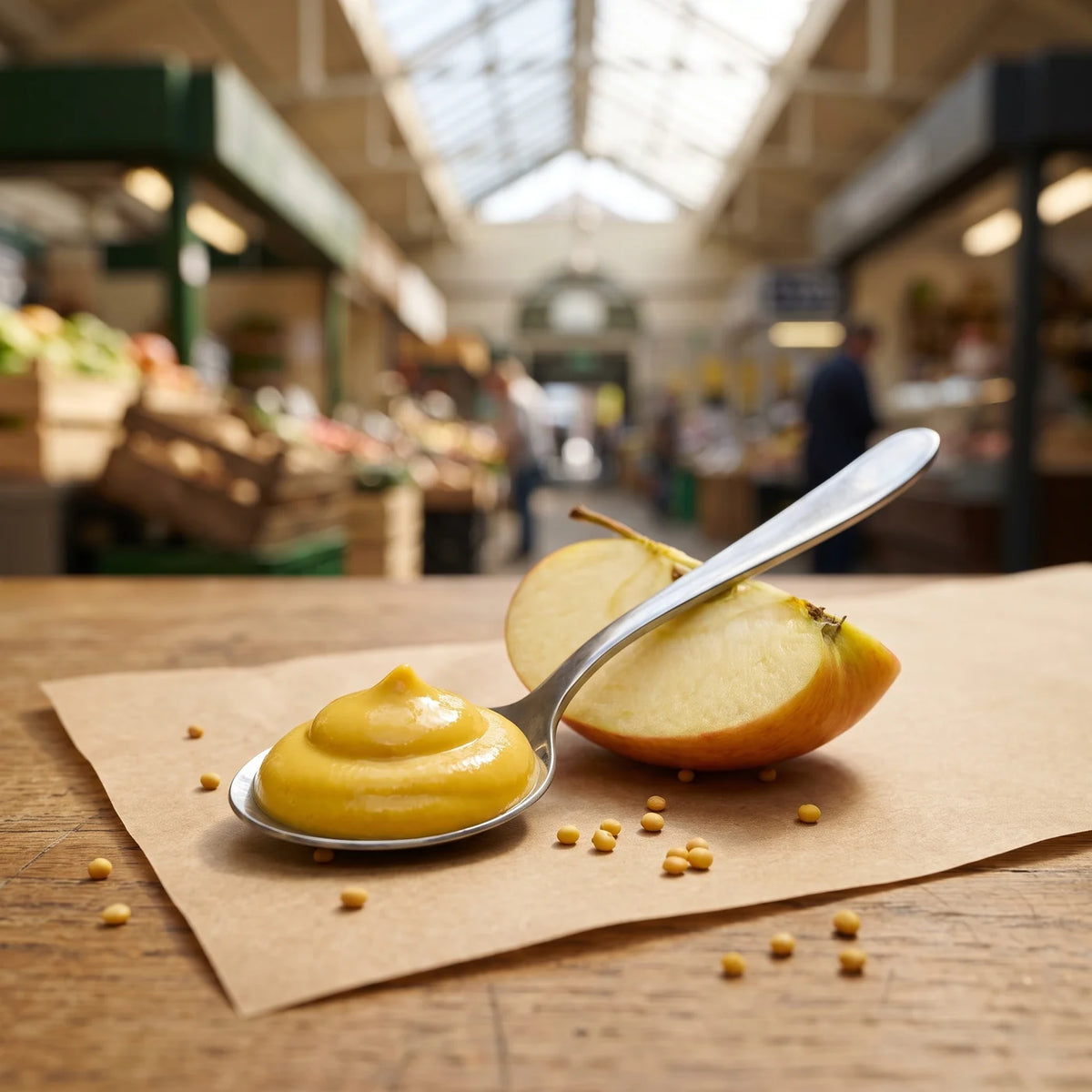 Löffel mit goldgelbem Apfel-Calvados Senf auf einer Apfelhälfte