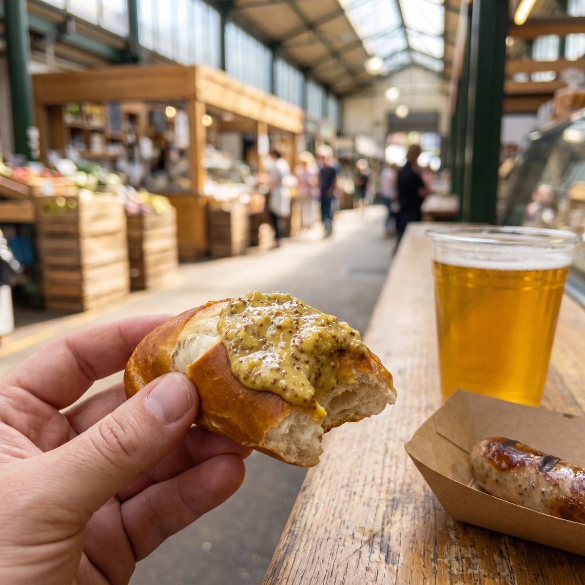 Hand hält ein Stück Brezel mit Bier Senf, daneben ein Glas Bier in der Markthalle