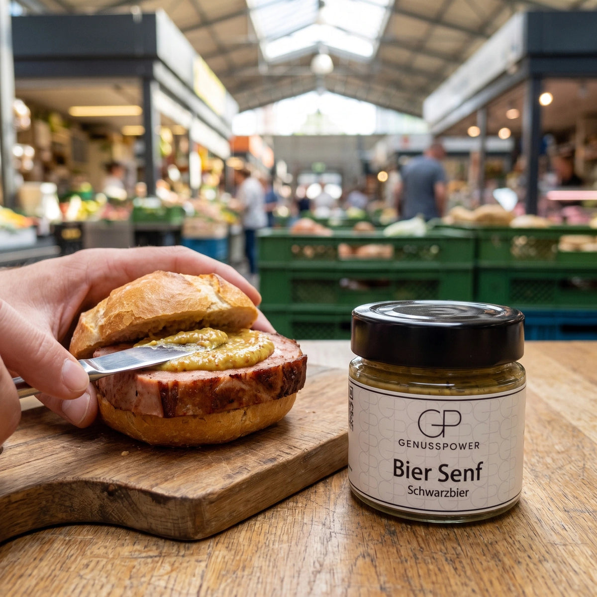 Hand bestreicht Leberkäse im Brötchen mit Senf, daneben das Glas Bier Senf Schwarzbier