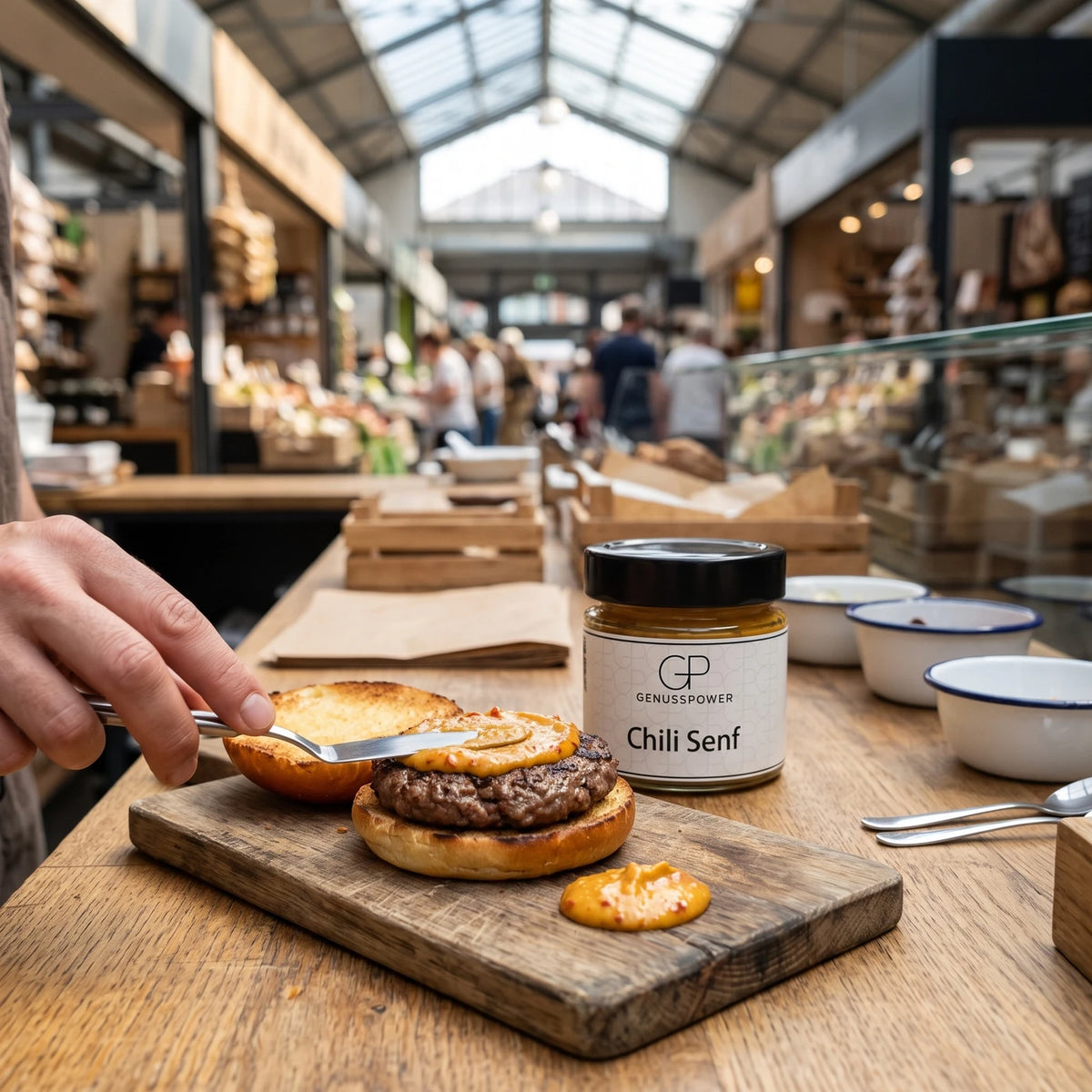 Hand bestreicht ein Burger Patty mit Chili Senf, dahinter das Glas