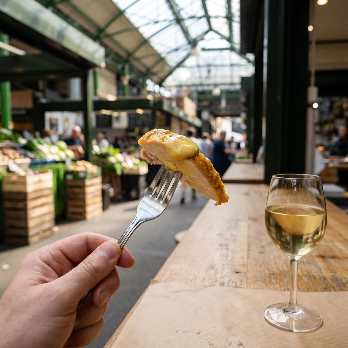 Gabel mit Hähnchen und Riesling Senf, daneben ein Glas Weißwein