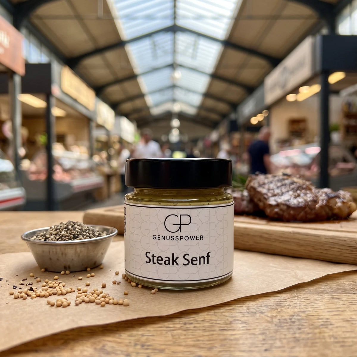 Glas Steak Senf von Genusspower auf der Markttheke, daneben Pfeffer und Senfsaat, dahinter ein Steak