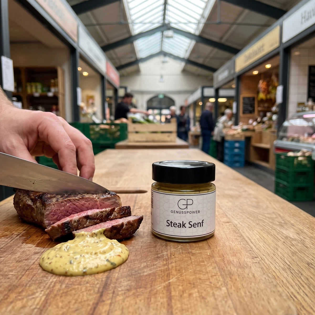 Hand schneidet gegrilltes Steak in Scheiben, daneben Steak Senf und das Glas