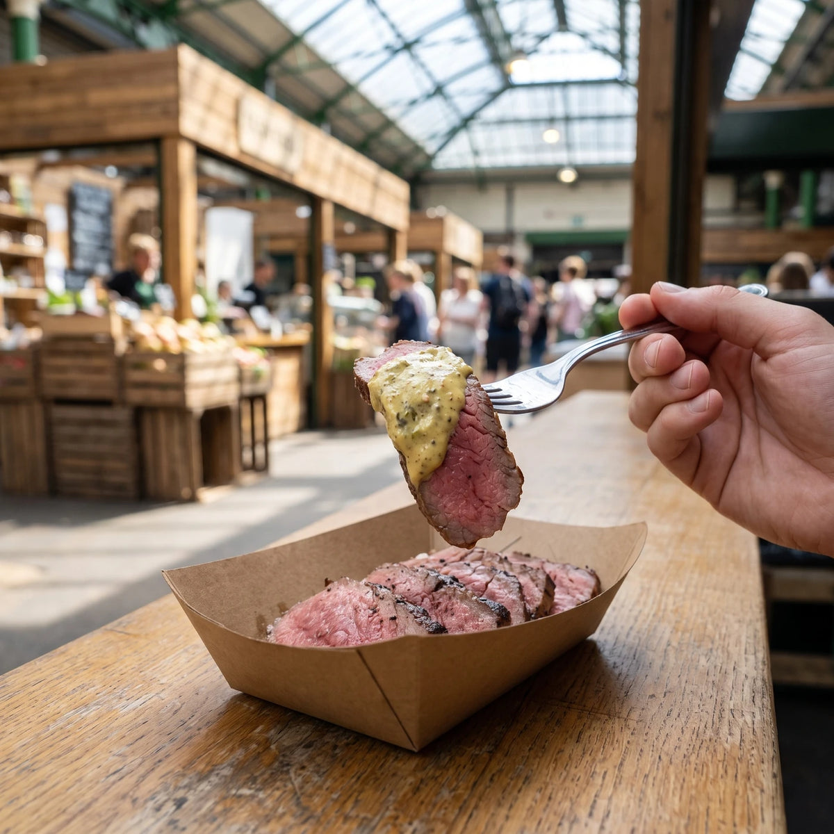 Gabel mit einer Scheibe Steak und Steak Senf in der Markthalle