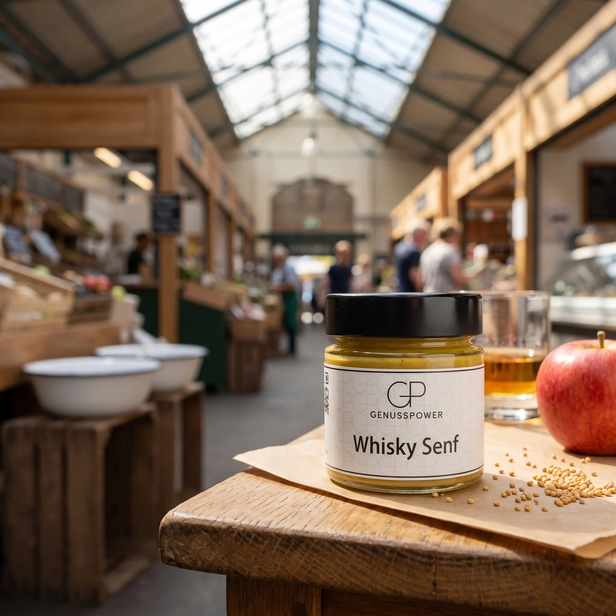 Glas Whisky Senf von Genusspower auf der Markttheke, daneben ein Apfel und ein Glas Whisky
