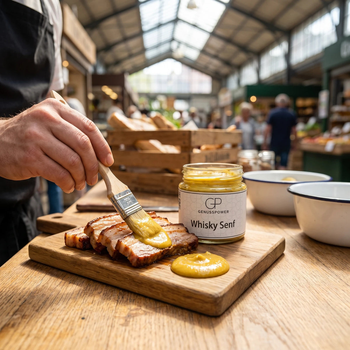 Hand pinselt Whisky Senf auf gegrillten Schweinebauch, dahinter das Glas