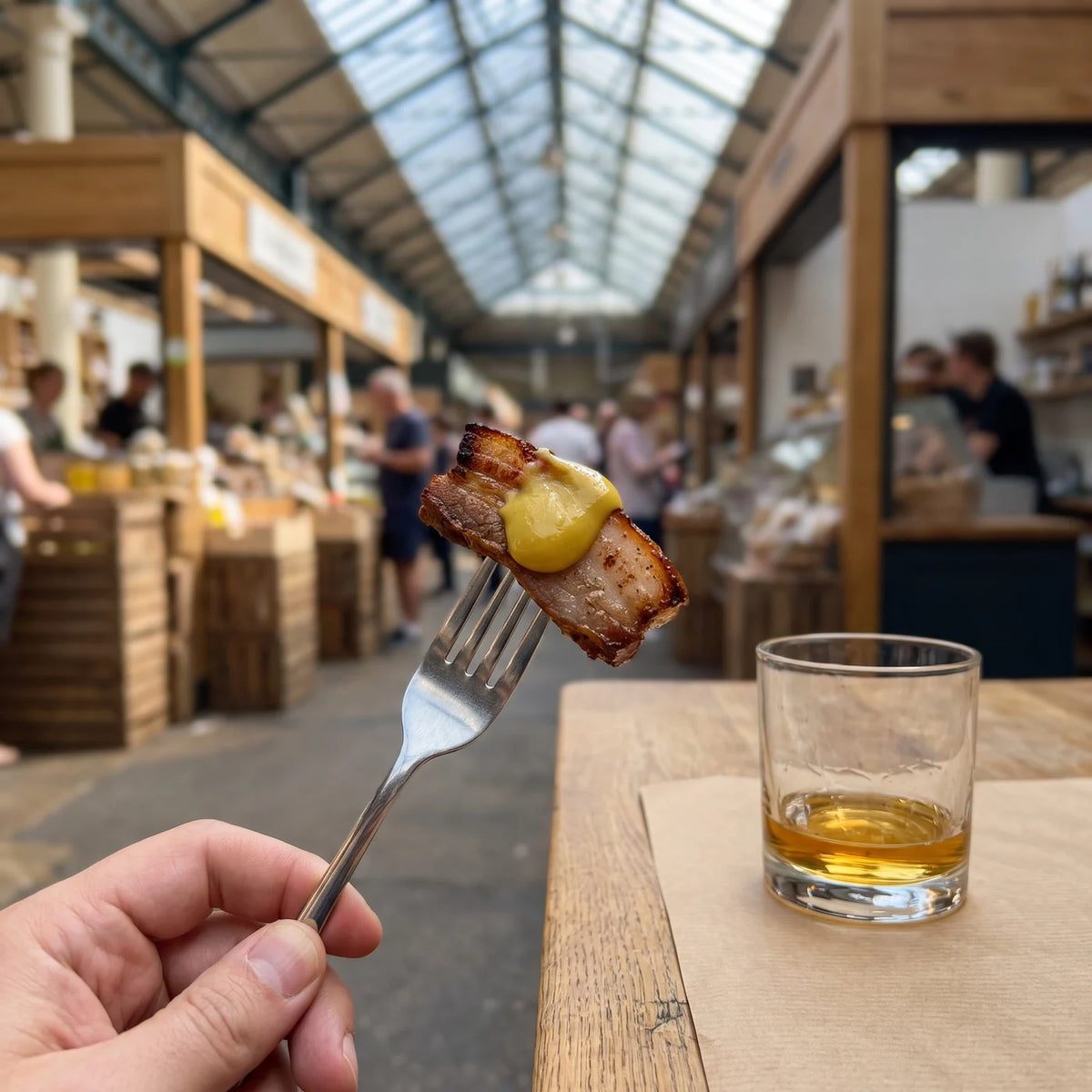 Gabel mit Schweinebauch und Whisky Senf, daneben ein Glas Whisky