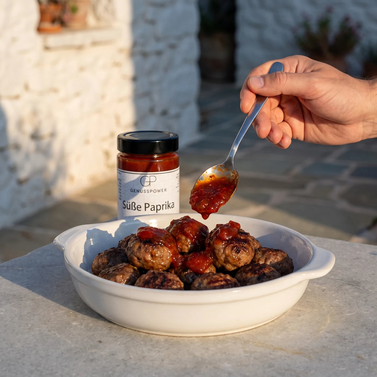 Ein Löffel gibt die Sauce über Frikadellen in einer weißen Schale, dahinter das Glas Süße Paprika