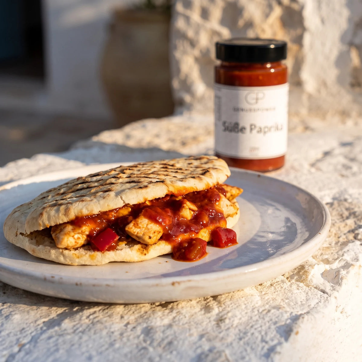 Ein gefülltes Fladenbrot mit Hähnchen und der Sauce, dahinter unscharf das Glas Süße Paprika