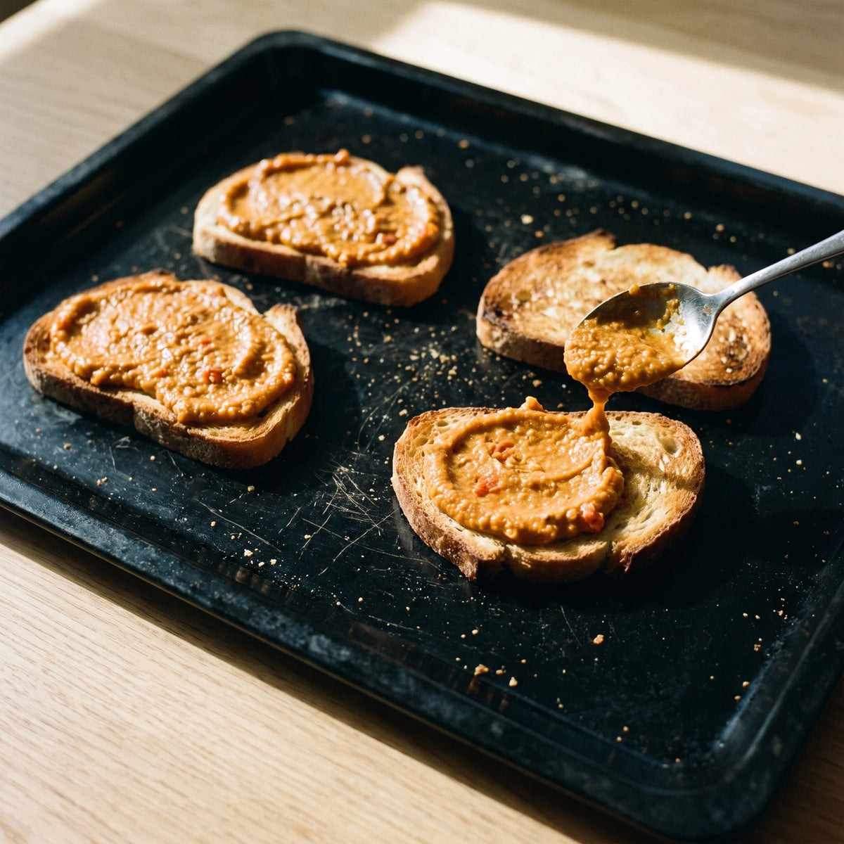 Vier Crostini mit Tomate-Walnuss-Aufstrich auf einem schwarzen Backblech, ein Löffel setzt den Aufstrich gerade ab